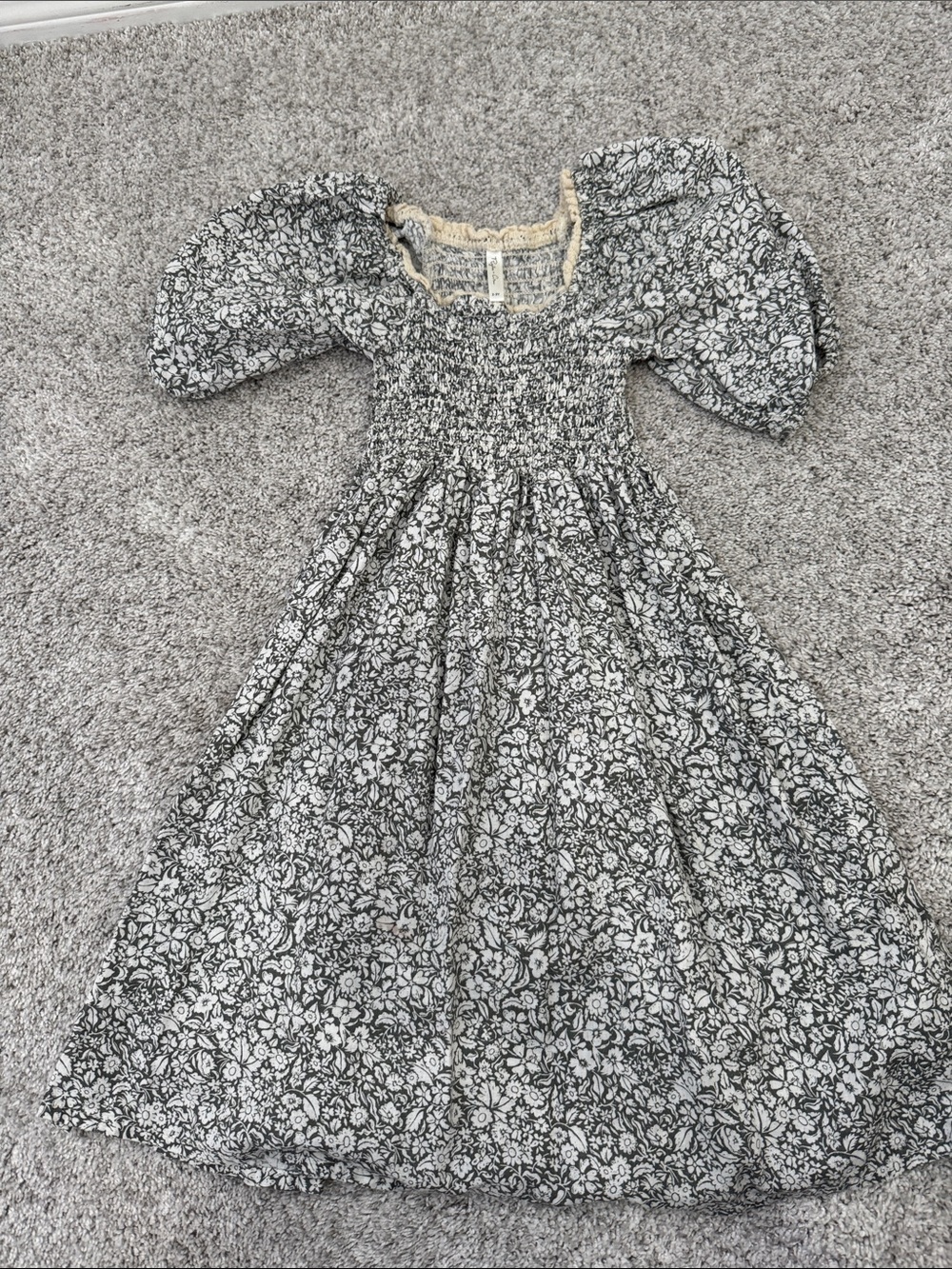 Rylee + Cru Black & White Floral Smocked Puff-Sleeve Dress